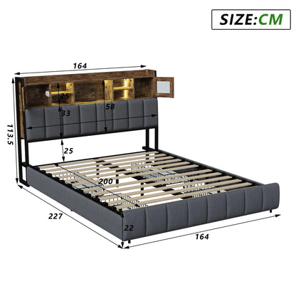 Rosahqnda Doppelbettgestell 140–160 x 200 cm mit LED, USB und Schubladen, gepolstertes Jugendbett, Wohnungsbett, Gästezimmer, Leinen, Grau