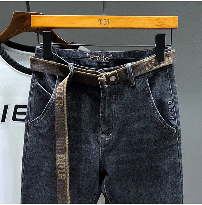 Tapered Jeans for Men's Clothing Autumn New Fashion Embroidered Korean Harem Pants Casual Stretch Black Denim Trousers.