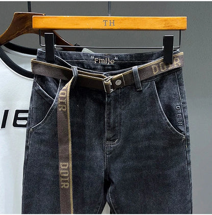 Tapered Jeans for Men's Clothing Autumn New Fashion Embroidered Korean Harem Pants Casual Stretch Black Denim Trousers.