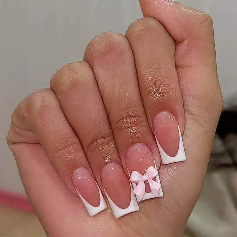 White French Style Fake Nails Gentle Pink Press on Nails 3D Bowknot Design Almond Charm Manicure Korean Fashion False Nail 24Pcs.