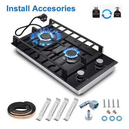 EU Certified 2 Burner Gas Hob 30cm Tempered Glass | Built-in w/Cast Iron Rack Dual Fuel (NG/LPG) 5200W Flame Failure Black.