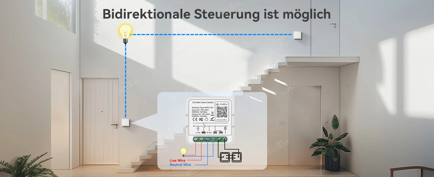 Matter WiFi Smart Switch 16A Smart Home Lichtschalter Relaismodul Sprachsteuerung Funktioniert mit Alexa Google Homekit Smartthings Tuya.