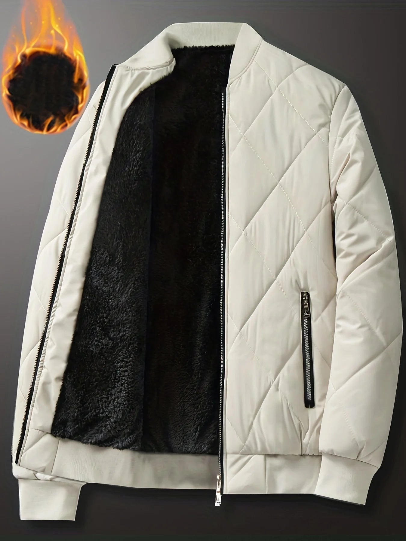 Solid Color Sherpa Jacket, Men's Casual Fleece Lined Baseball Regular Fit College Hipster Windbreaker.