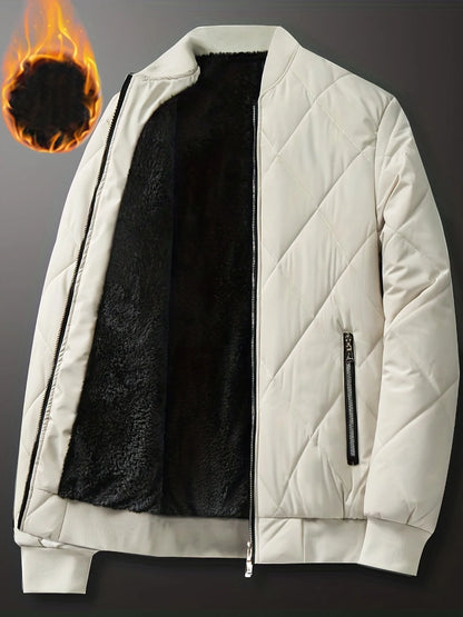 Solid Color Sherpa Jacket, Men's Casual Fleece Lined Baseball Regular Fit College Hipster Windbreaker.