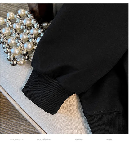 170 kg Plus Size Damen-Büste 170 Frühling Herbst Loose Diamond Collared Sweatshirt Schwarz 4XL 5XL 6XL 7XL 8XL 9XL.