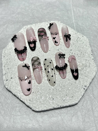 Black Pink Sweet French Almond Handmade Press On Nails Grid Polka Dot Love Skirt Ballet Fake Nails Princess Cute Bow Nail Art.
