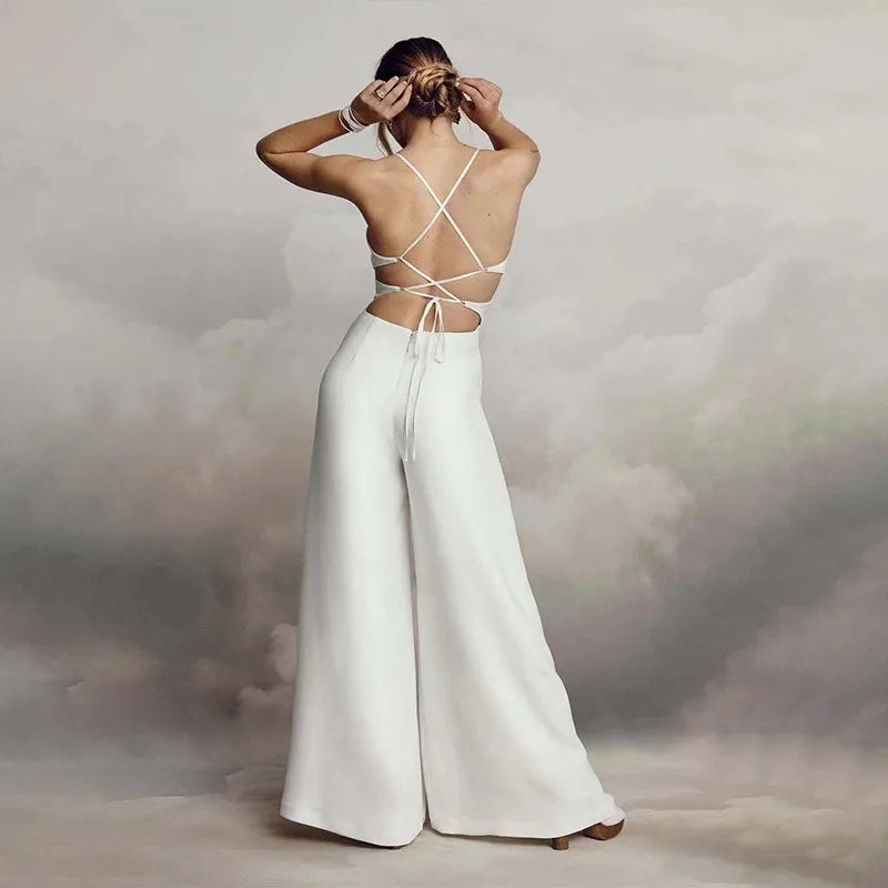 2024 Spring Summer New Women's Clothing Solid Color Sleeveless V-neck Brace Skinny Sheath Backless Trousers Playsuit Jumpsuit.