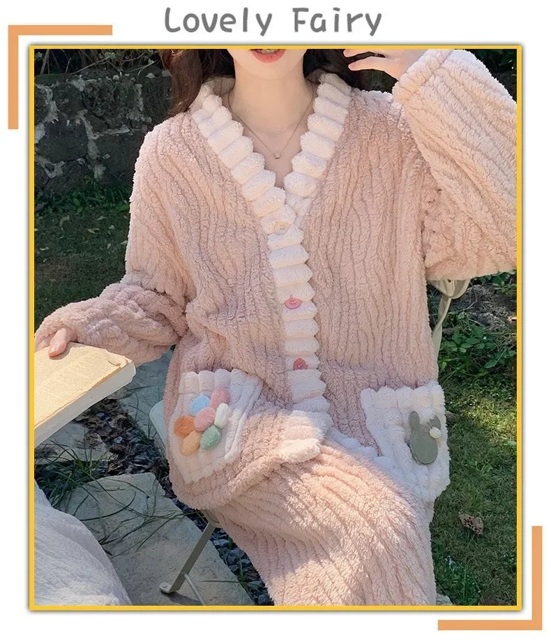 Verdickte Warme Flanell Frauen Nachtwäsche Loungewear Strickjacke Anzug Winter Süße Kawaii Weiche Fee Wind Damen Pyjamas Homewear.