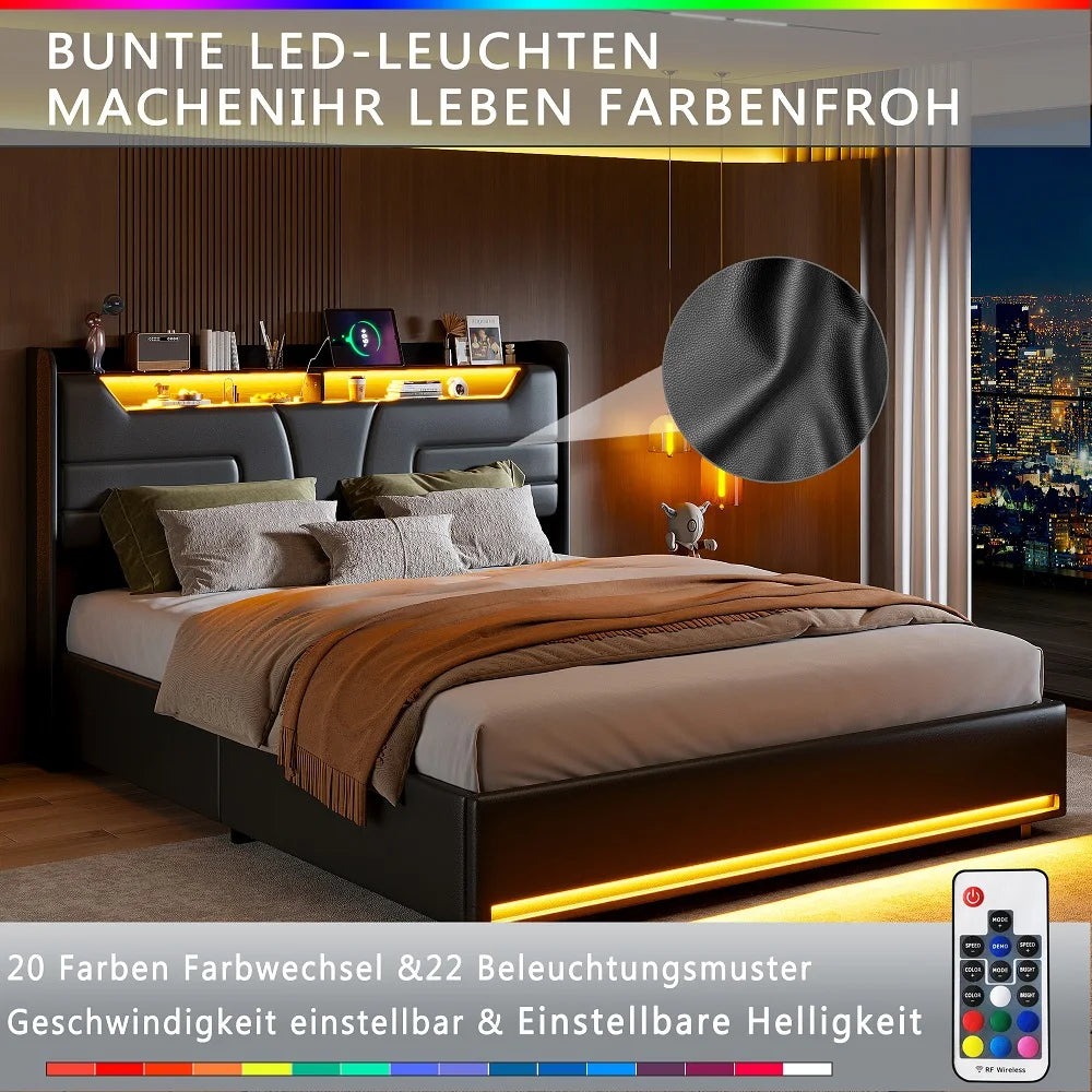 Lazyspace Schwarzes PU-Bett mit Stauraum, Kopfteil mit LED-Bettrahmen, gepolstertes Druckstangenbett mit Stauraum, Schlafzimmermöbel