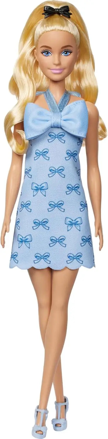 Origianl Barbie Fashionistas Doll 237 Toy Girl Wavy Blonde Ponytail Blue Bow Halter Dress Black Hair Bow Accessory Birthday Gift.