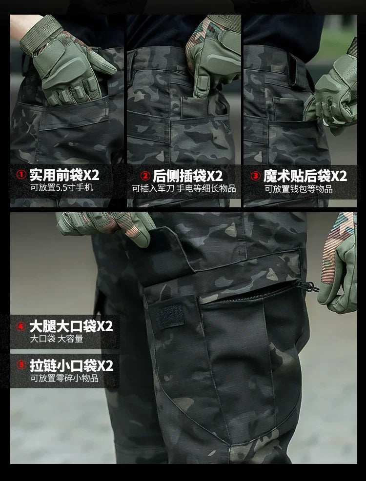 Autumn Tactical Sets Men Outdoor Breathable Short Sleeve Tshirt+Waterproof Straight Pant 2 Pcs Suits Camo Multi-pocket Cargo Set