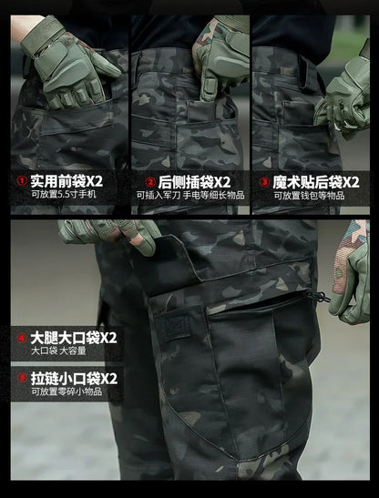 Autumn Tactical Sets Men Outdoor Breathable Short Sleeve Tshirt+Waterproof Straight Pant 2 Pcs Suits Camo Multi-pocket Cargo Set