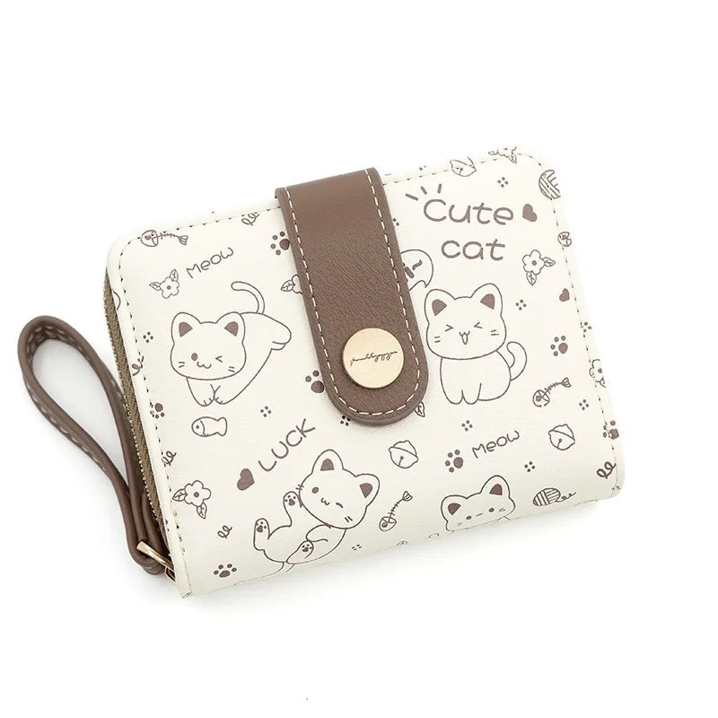 Japanese Cute Cat Girls Wallet Short Student ID Bank Card Holder Money Bag Zipper Wallets For Women Key Storage Purse Coin Purse.