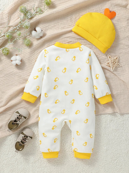 Baby-Jungen/Mädchen, niedlicher Langarm-Overall mit Reißverschluss, Entenhut, 2-teilig, für Herbst/Winter, 1–2 Jahre, lässige Kleidung für den täglichen Gebrauch.
