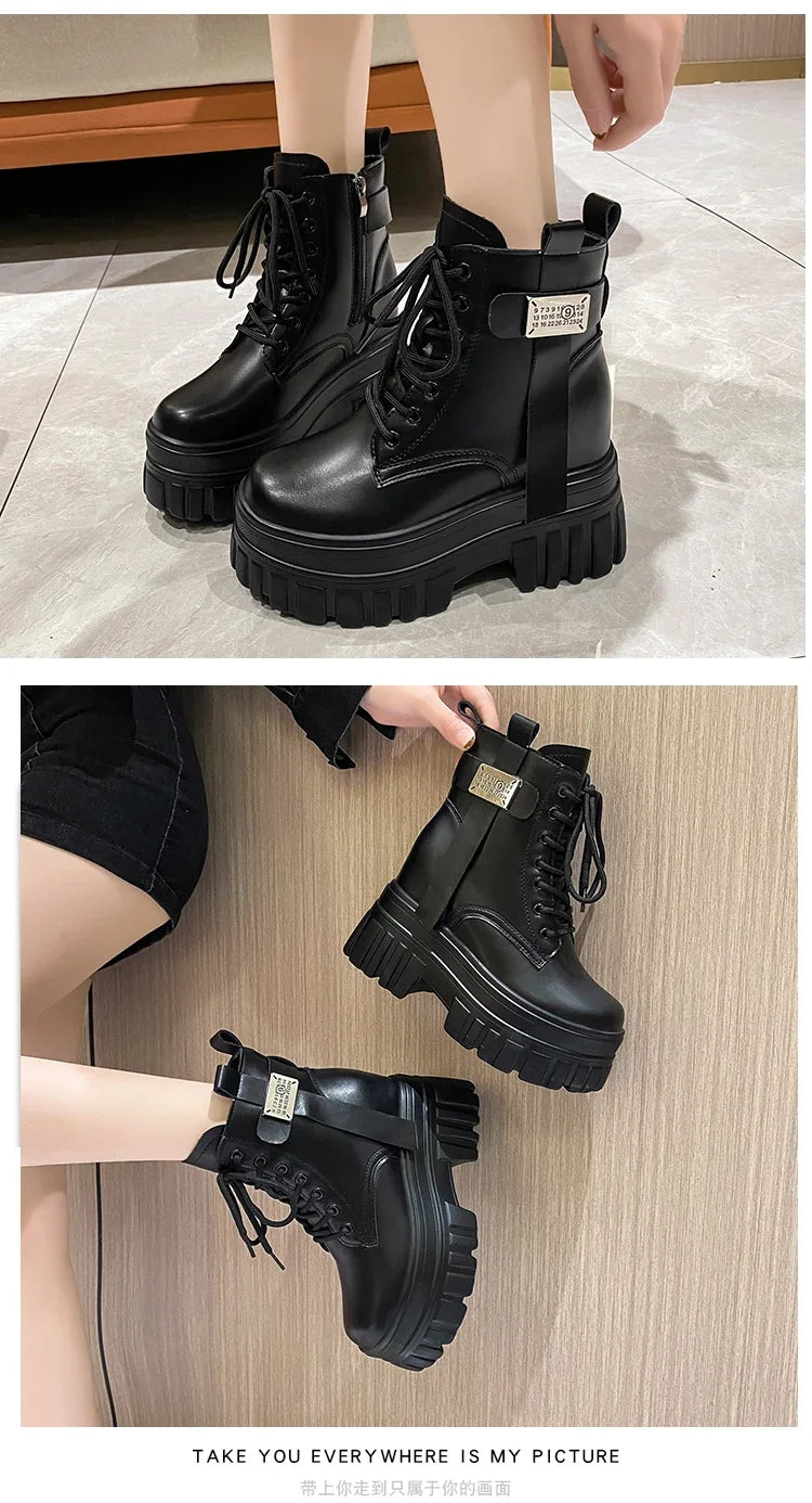 Women's High Platform Motorcycles Boots Winter 10CM Wedge Heels Warm Ankle Boots Chunky Sneakers New Autumn Leather Shoes Woman.