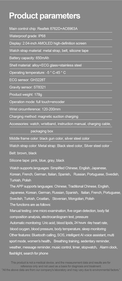 2025 New AI Intelligent Diagnosis ECG+PPG Smartwatch Health Protection Blood Lipids Uric Acid Heart Rate BT Call Smart Watch Men