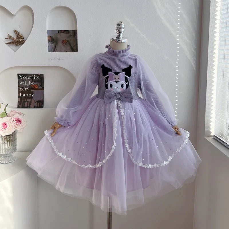 Anime Kuromi Lolita Kleid und Umhang Set Strickpullover Spleißen Mesh Prinzessin Kleid Partykleid Herbst Winter Urlaub Geschenk.