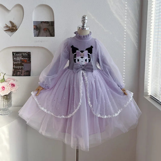 Anime Kuromi Lolita Kleid und Umhang Set Strickpullover Spleißen Mesh Prinzessin Kleid Partykleid Herbst Winter Urlaub Geschenk.