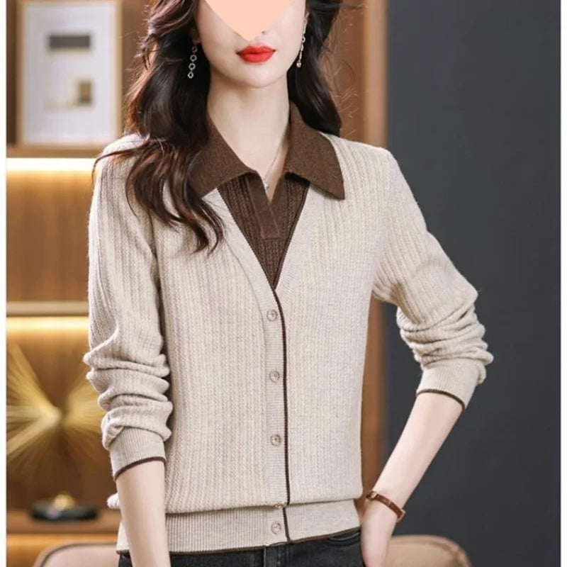 Gestrickte Frauen Top Lange Ärmeln Faux Zwei-Stück Pullover Frühling Herbst drehen-unten Kragen Modische Stilvolle Pullover Basis schicht Top.