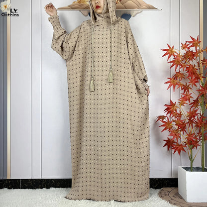 2024New Pure Cotton Ramadan Muslim Two-Hat Abaya Dubai Turkey Islam Prayer Clothes Loose Robe Islamic Women Traditional Clothing