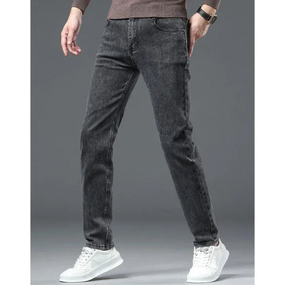 Men Business Denim Pants Male Classic Casual Straight Leg Slim Fit Trousers Elastic Solid Smoke Gray Pants.