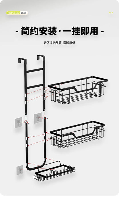 Bohrfreies Badezimmerregal über der Tür, hängender Organizer, wandmontiertes Korbregal, mehrschichtiges Duschraum-Aufbewahrungsregal für Toilette
