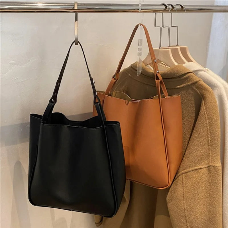 Simple Women Bucket Shoulder Bags New Solid Color Handbags Retro Large Capacity Tote Bags Large Capacity Pu Leather Bags 2024.