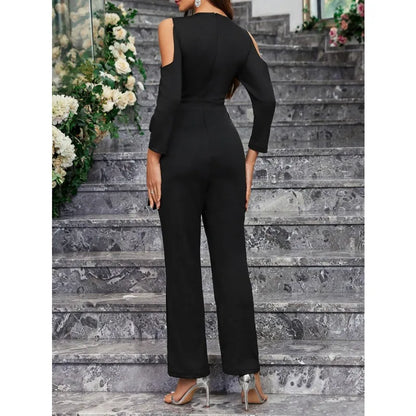 2025 Elegant Spring Summer Women Corset Jumpsuit Overalls Sexy Long Sleeve V Neck Sequins Straight Trousers Romper Onepieces.