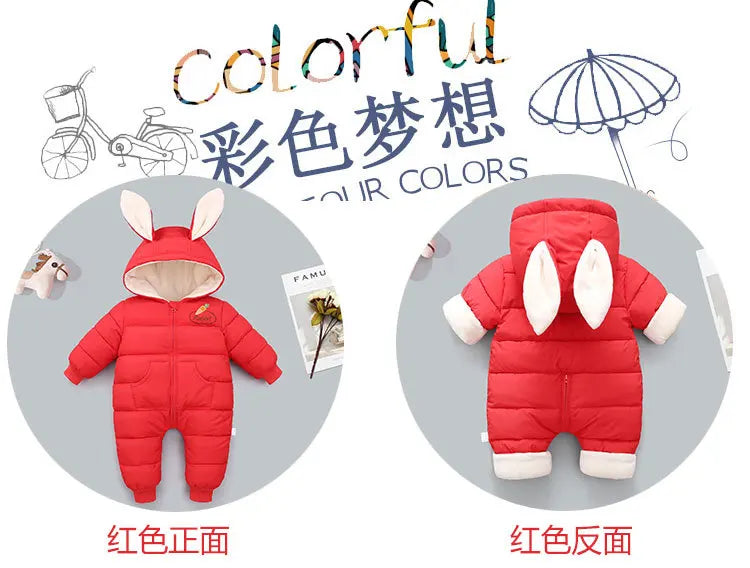 Winter Neue Baby Strampler Jungen Mädchen Patchwork Dicke Plus Samt Overalls Winddicht Mit Kapuze Overalls Schneeanzug Ein Stück Body.