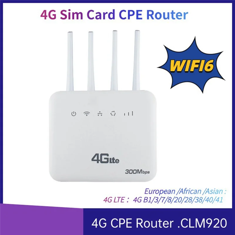 Wifi 6 LTE 4G CPE Router With SIM Slot, Four Antenna Signal Booster, 300Mbps Fast Internet For Europe.