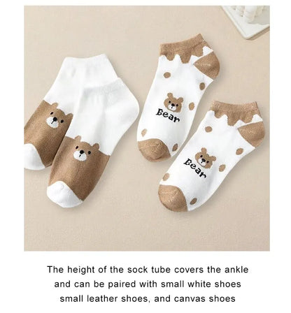 5 Pairs Women Cartoon Patterned Socks Trendy Versatile Breathable Sweat Wicking Deodorizing Antibacterial Comfortable Socks.