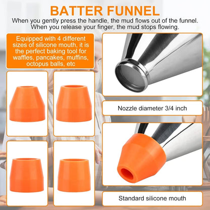 1200/600ml Stainless Steel Funnel Dispenser with Rack Cupcake Pancake Batter Maker Octopus Fish Ball Home Kitchen Baking Tools.