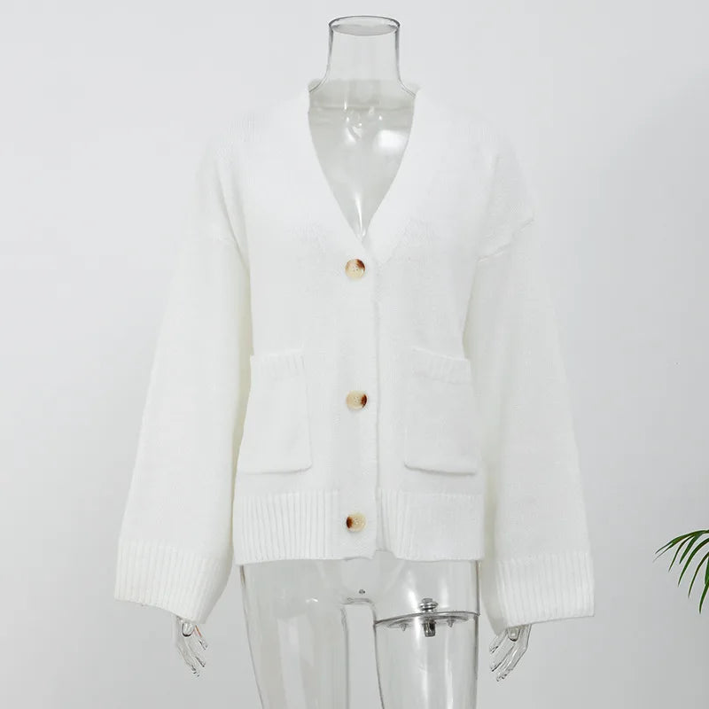 Damenjacke mit V-Ausschnitt, einfarbig, langärmelig, Strickjacke, modischer, lockerer, lässiger Pullover.