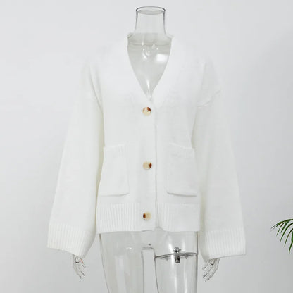 Damenjacke mit V-Ausschnitt, einfarbig, langärmelig, Strickjacke, modischer, lockerer, lässiger Pullover.