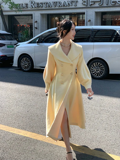 Mode frauen Lange Mäntel Winter Neue Oberbekleidung Revers Zweireiher Laterne Hülse Solide Vintage Chic Woolen Mäntel.