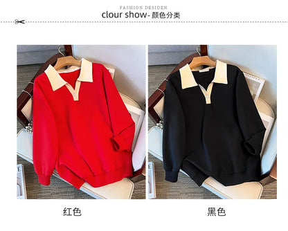 170kg plus size Damen büste Herbst lose Revers Langarm Sweatshirt schwarz rot 6xl 7xl 8xl 9xl 10xl 11xl.