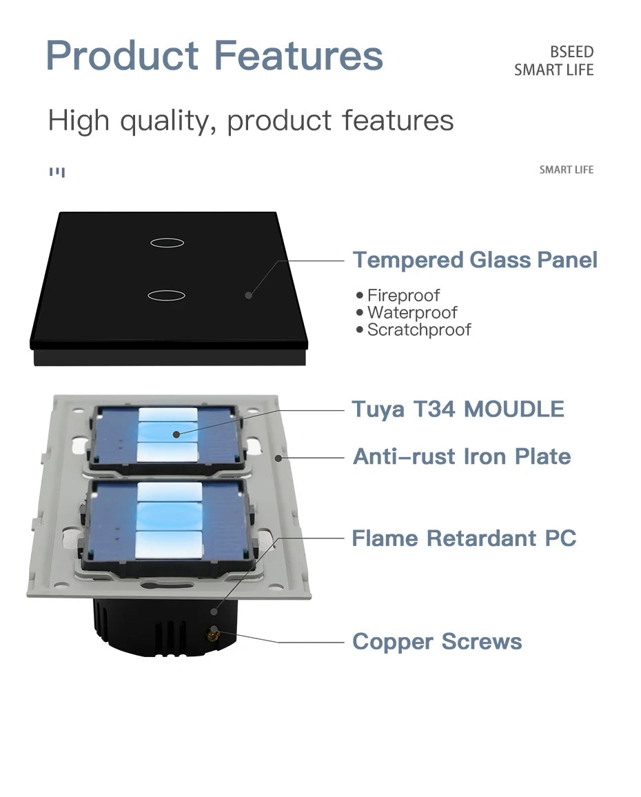 BSEED Wifi 1/2/3Gang Licht Schalter Touch Sensor Glas Schalter Tuya Smart Leben Alexa Control Plus EU Steckdosen Neutral Draht.