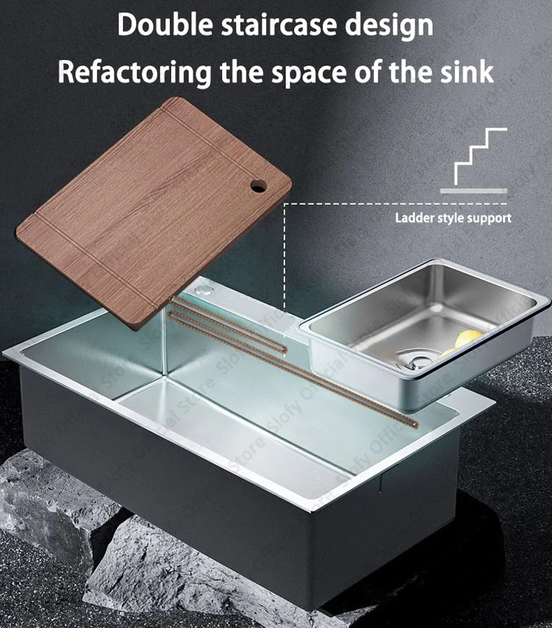 Küchenspüle aus Edelstahl 304, großes Fassungsvermögen, Wasch-/Schnitt-/Abfluss in einem, komplettes Set, multifunktionale Gemüse-Arbeitsstation für den Haushalt