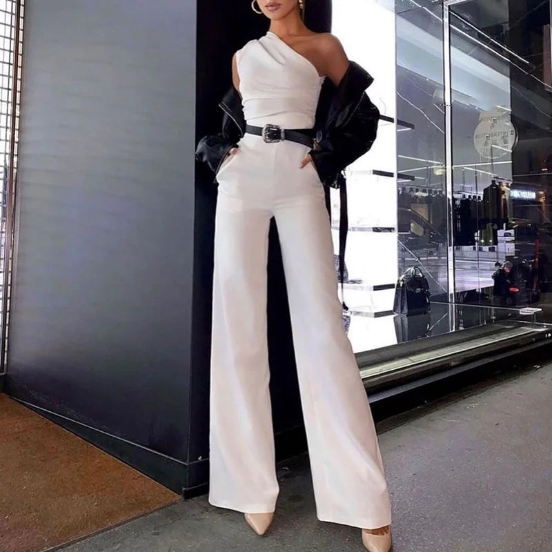 Women Elegant Slash Collar Straight Romper Sexy Off Shoulder Suit One Piece 2023 Fashion Lady High Waist Bow Solid Jumpsuits.