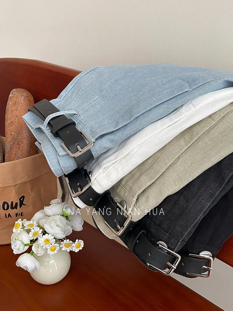 Beiyingni Korean Women High Waist Shorts With Belt Elegant Cotton Linen Casual Slim Female Shorts White Street Short Cargo Pants.