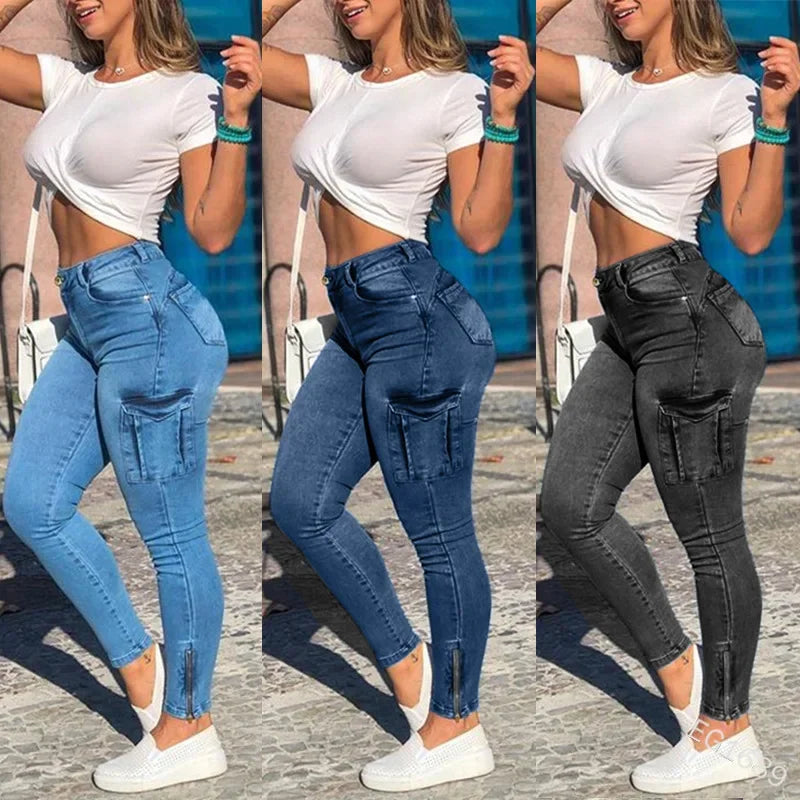 Slim Fit Women's Workwear Pants Jeans Capri Sexy Trendy New Style 2024 High Waist Straight Leg Blue Denim Trousers.