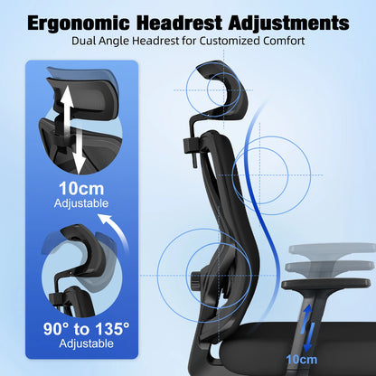 AUTHMIC Ergonomischer Bürostuhl, 3D-Lendenwirbelstütze, verstellbare Kopfstütze und Armlehnen, verstellbarer Schreibtischstuhl, 155 kg Tragkraft
