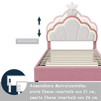 Anajqaqia 90×200 cm gepolstertes Einzelbett, Kinderbett mit LED-Leuchten, mit Lattenrost und Kronenkopfteil, Samt
