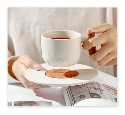 Blue Retro Ceramic Coffee Cup with Saucer 130ml Wooden Handle Tea Water Cup Filter Tea Mug Handmade Frosted Tea Coffee Cup Gift.