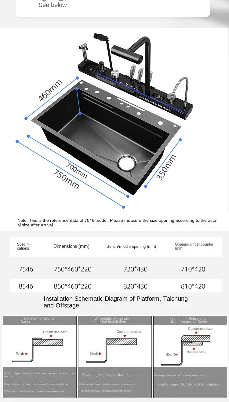 Großes Einzelschlitz-Wasserfallspülbecken aus Edelstahl 304, Digitalanzeige, geprägtes Waschbecken, Haushaltswaschbecken