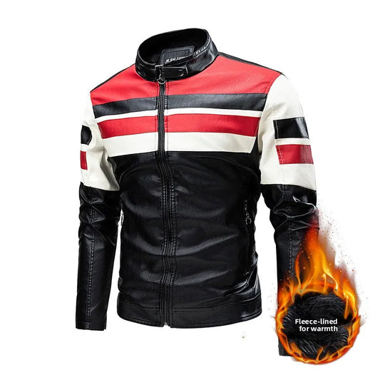 M-5XL Plus Size Men's Motorcycle Leather Jacket Winter Warm Stand Collar PU Biker Coat Casual Streetwear Fleece Lined Outerwear.