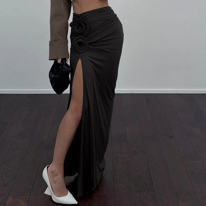 WhereMery Vintage Flower Applique High Split Long Skirt Sexy High-waist Ruched Solid Slim Skirts 2025 Casual Women's Short Drees