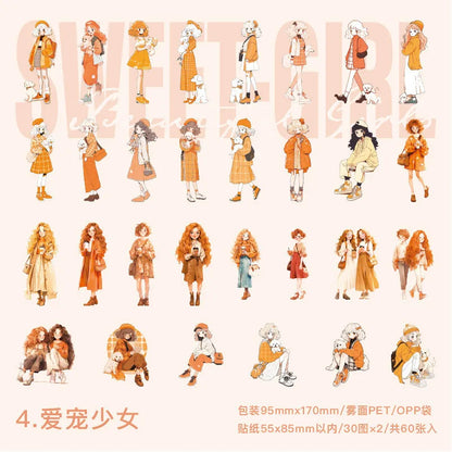60 pcs Hand malerei Mode süße Mädchen Menschen Aufkleber Vintage Cartoon Mode Mädchen Sammelalbum Ölgemälde Illustration Aufkleber.