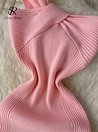 SINGREINY Einzelnen Schulter Tinte Stricken Kleid Backless Tank Gestreiften Schlank Bodycon Sommerkleid Frauen Sommer Beachwear Sexy Chic Vestidos.