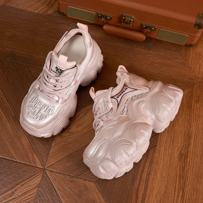 AUTUSPIN 10cm Pink Thick Soled Shoes for Summer Women Breathable Lace-up Ladies Sneakers Outdoor Casual Fashion Platform Shoes.